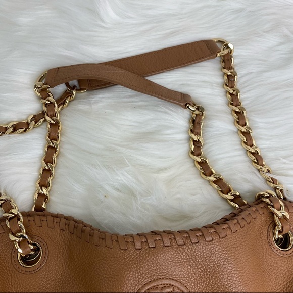 Tory Burch Bombé Slouchy Camel Leather Tote Bag - Picture 12 of 15